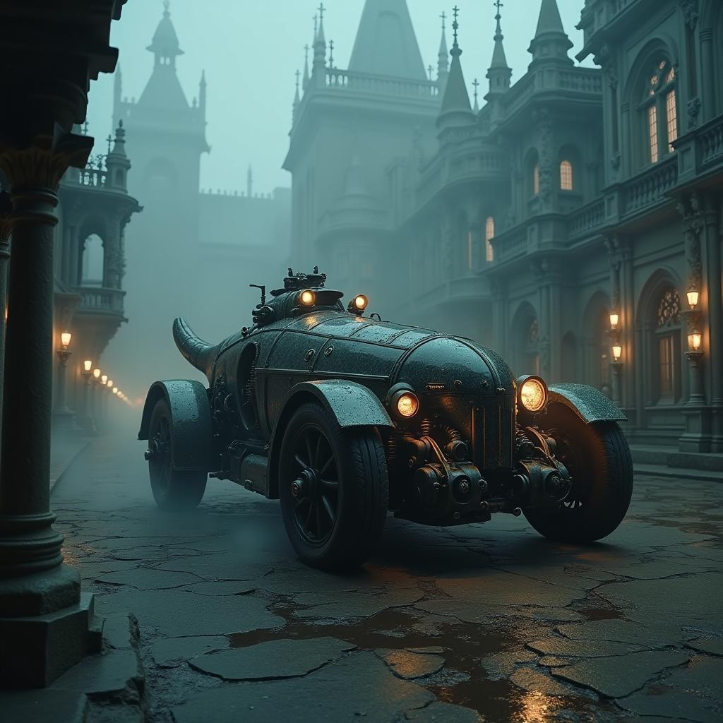 Biomechanical Steampunk Vehicle in Foggy Gothic Palace