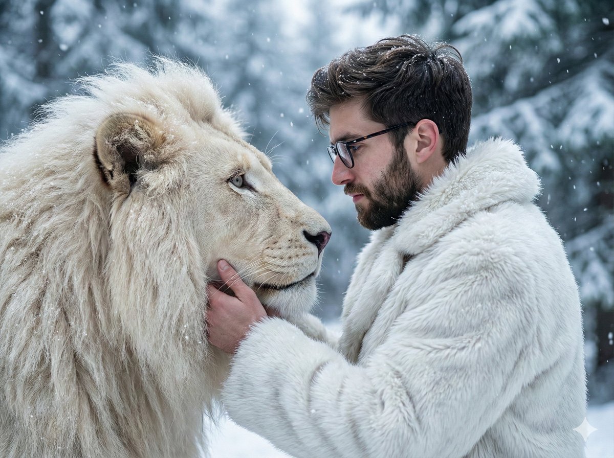 Man Meets White Lion In Snow