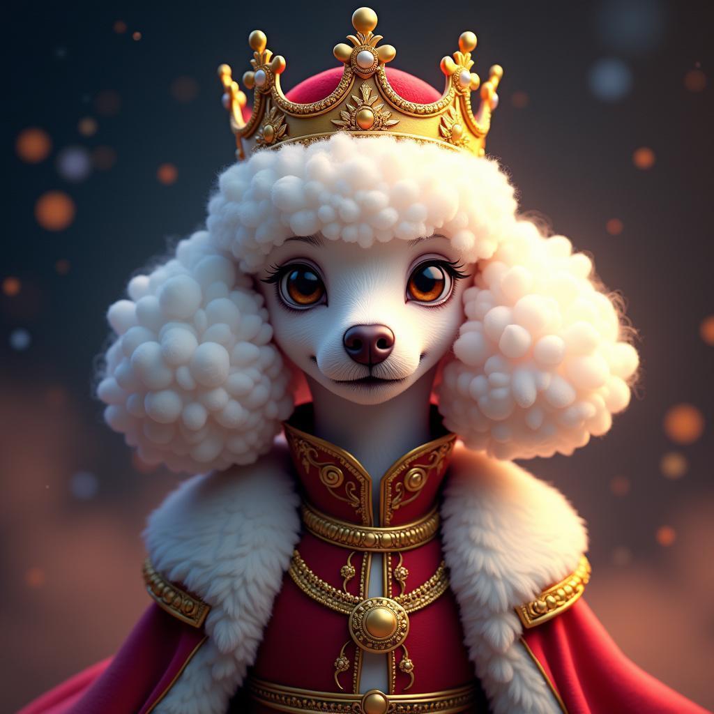 Royal White Poodle Crowned Against Dark Nebula