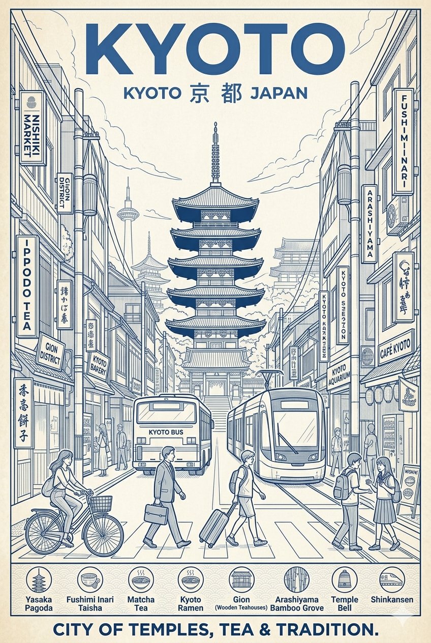 Kyoto Blue White Travel Poster Art