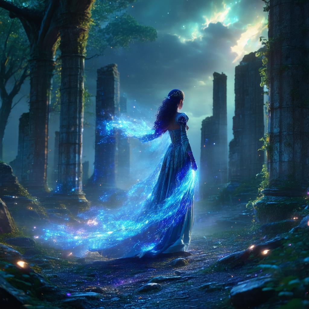 Radiant Maiden Standing Heroic Among Enchanted Ruins