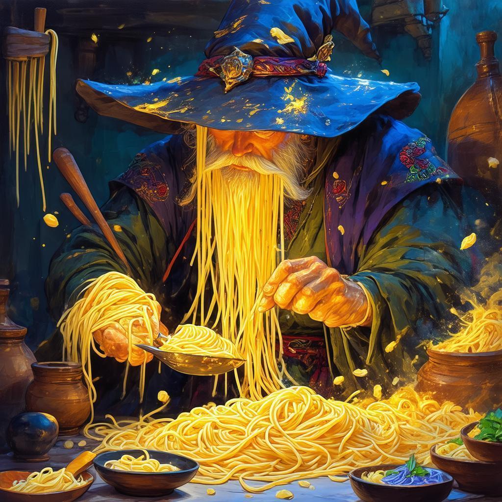 Mysterious Pasta Wizard in Vibrant Gouache