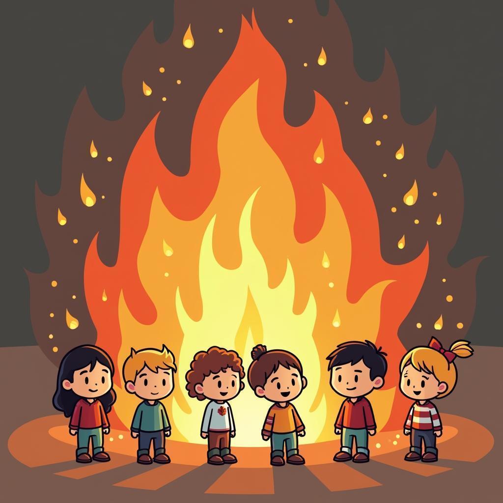 Cartoon Friends Gathered Around Animated Sparking Fire