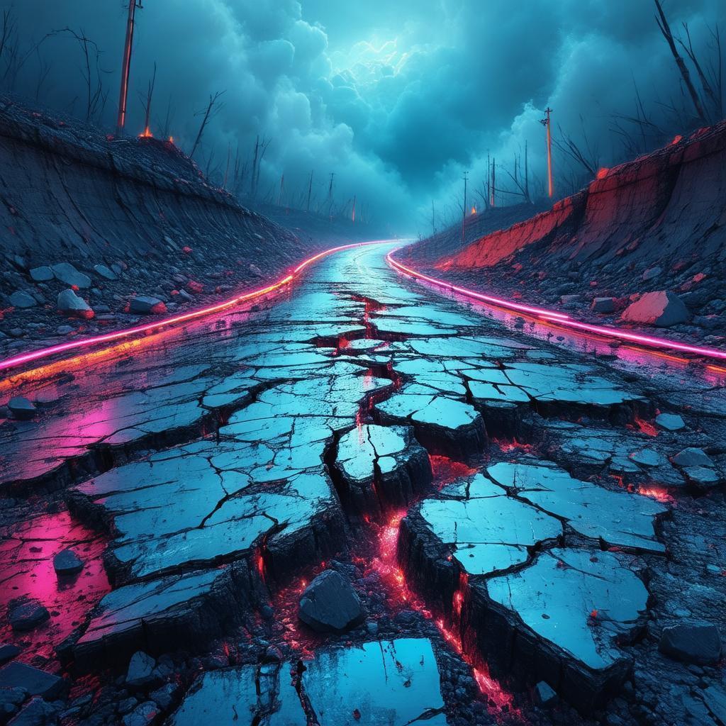 Earthquake Fractured Road in Neon Chiaroscuro