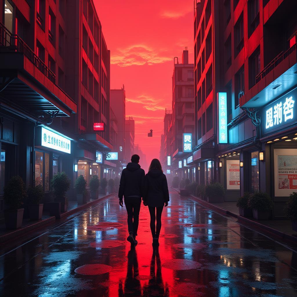 Couple Strolling Neon Streets Under Red Sky