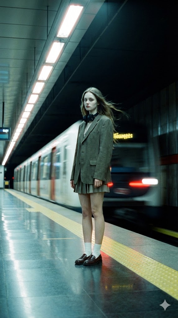 Lonely Girl Midnight Subway Long Exposure