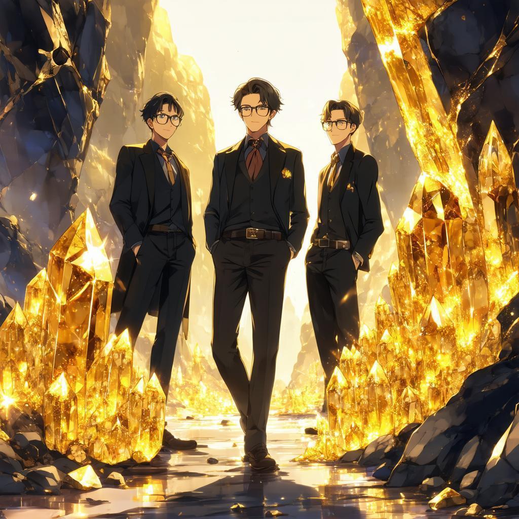 Three Men Beside Glowing Gold Crystal Ore