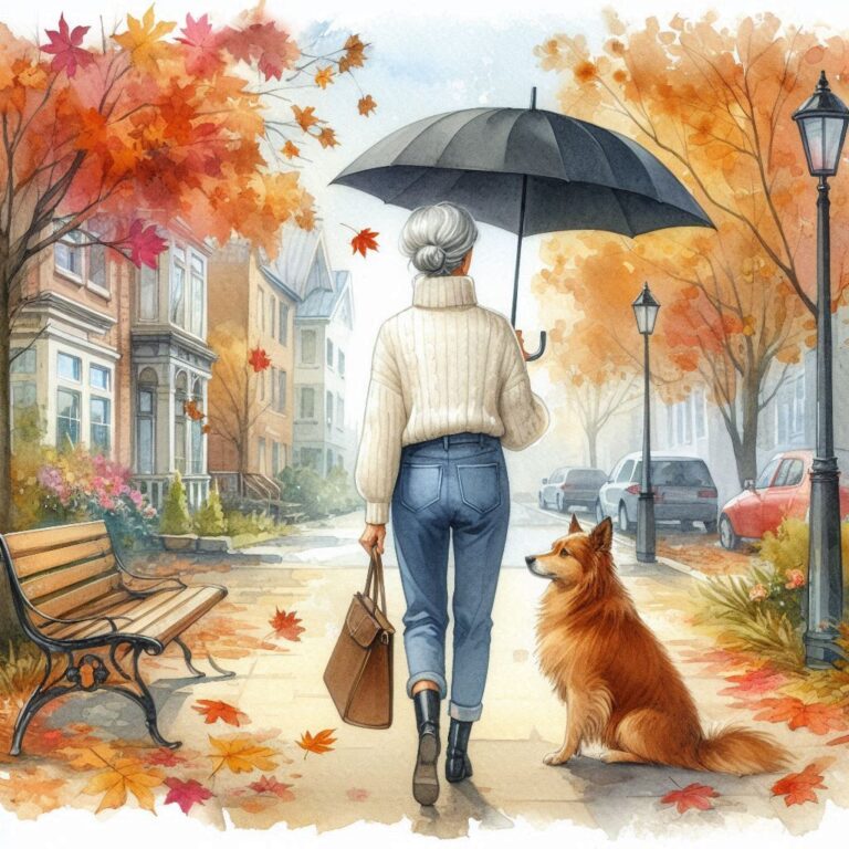 Autumn Street Scene with Grandmother