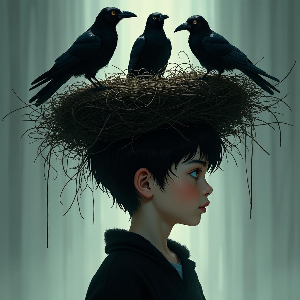 Cinematic Boy Crowned by a Crow Nest