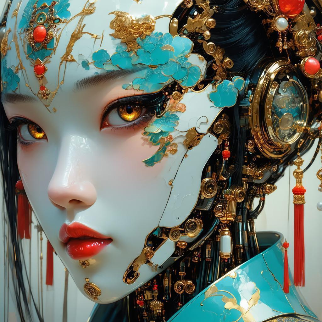 Cyberpunk Machine Face With Chinese Opera Motifs