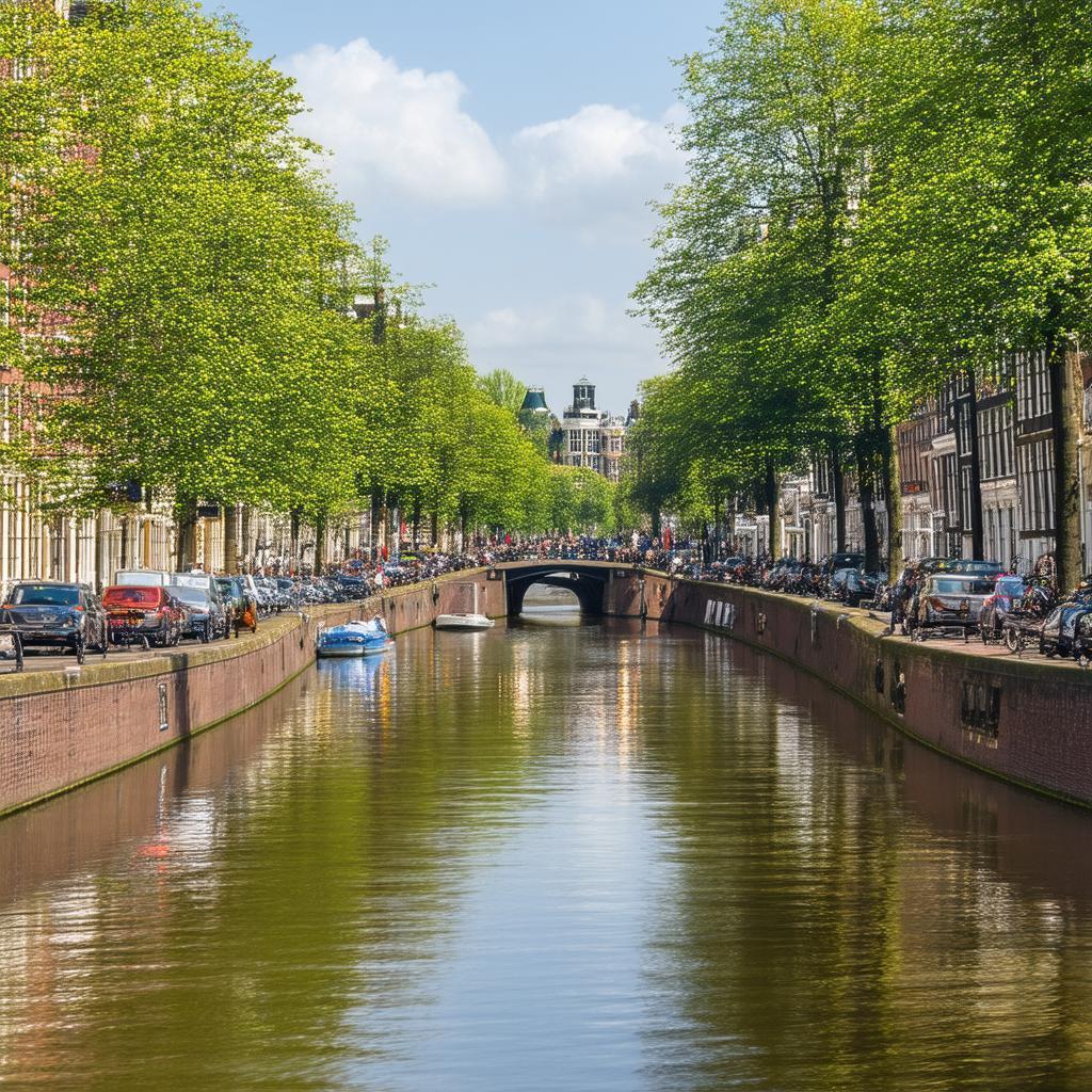 Amsterdam Canal Reflections in Vibrant Street Life