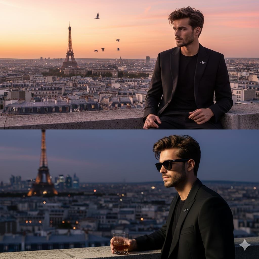 Stylish Man on Paris Rooftop Sunset