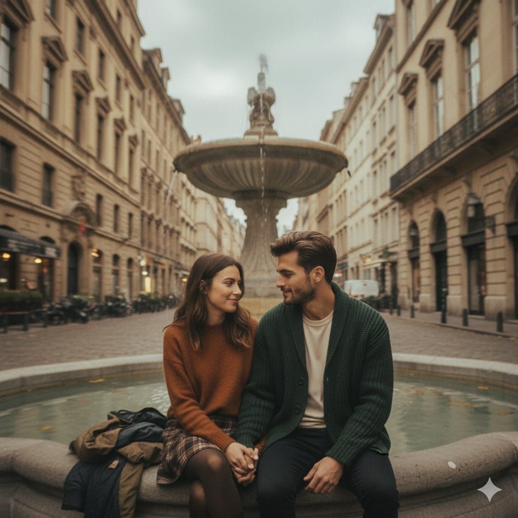 Romantic Autumn Couple By Paris Fountain