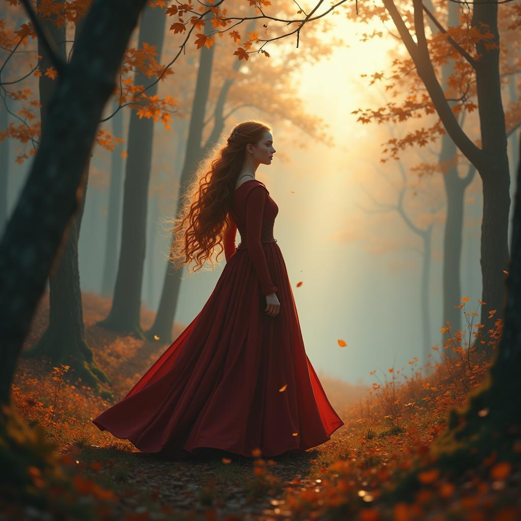 Sansa Stark in a Misty Autumn Forest