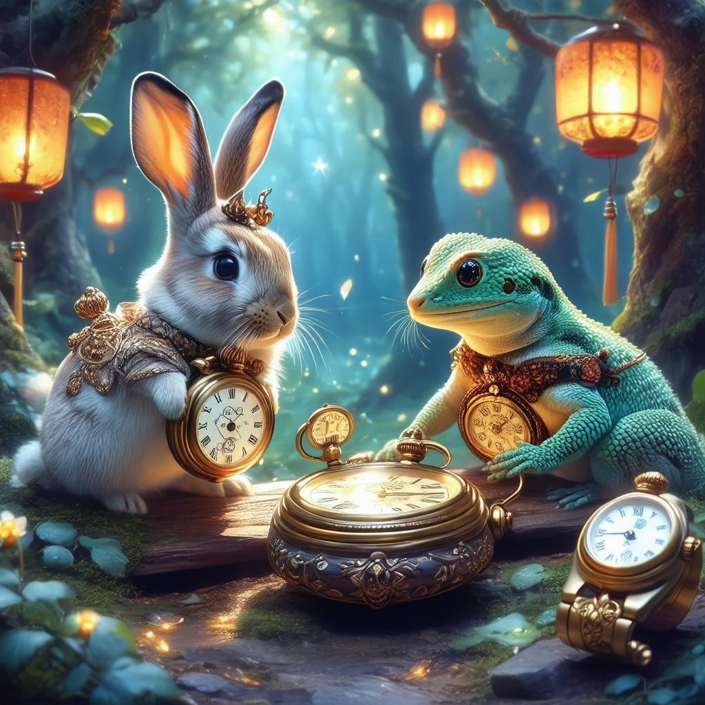 Rabbit and Gecko Checking Antique Watches