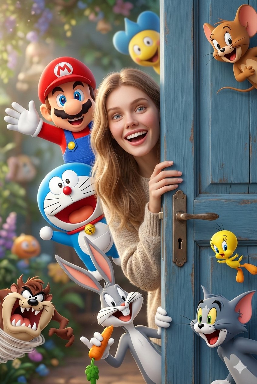 Cartoon Heroes Burst Through Door