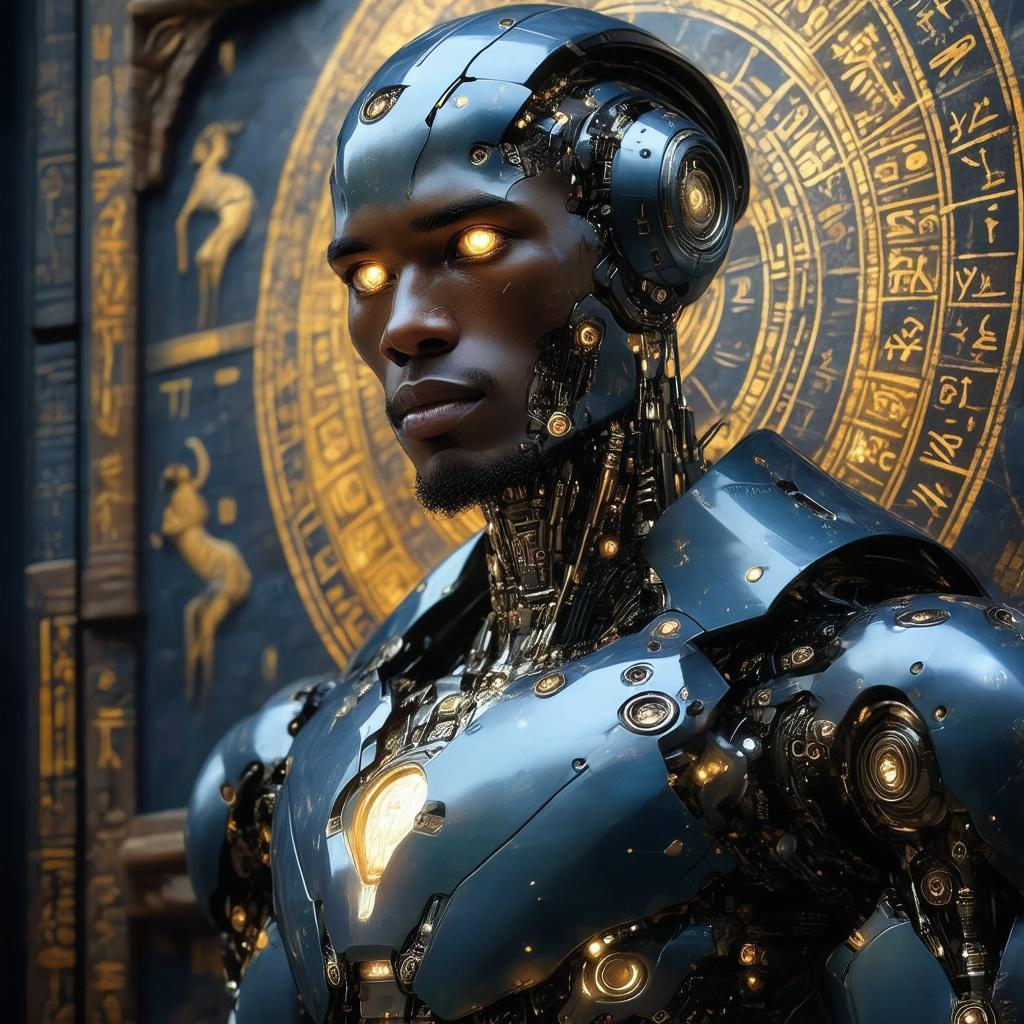 Brazilian Robot Portrait With Glowing Mystic Runes