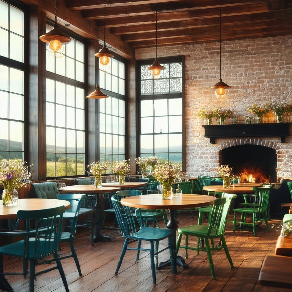 Cozy Restaurant With Wildflowers and Warm Fireplace