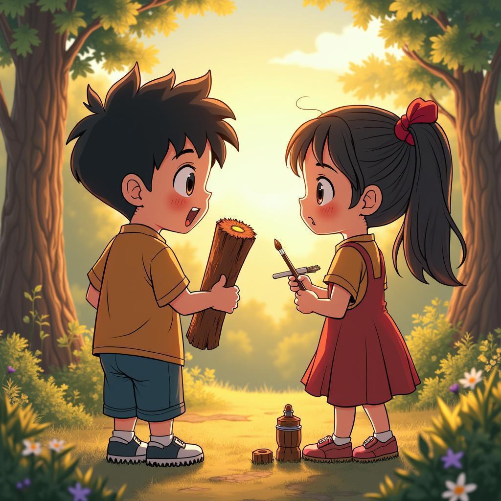 Boy and Girl Painting Wood at Sunset