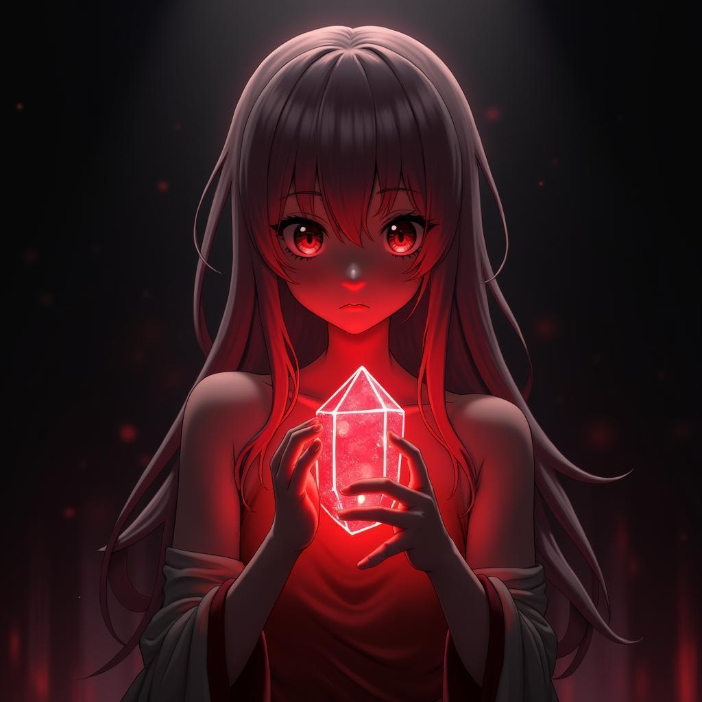 Anime Figure Bathed in Red Crystal Glow