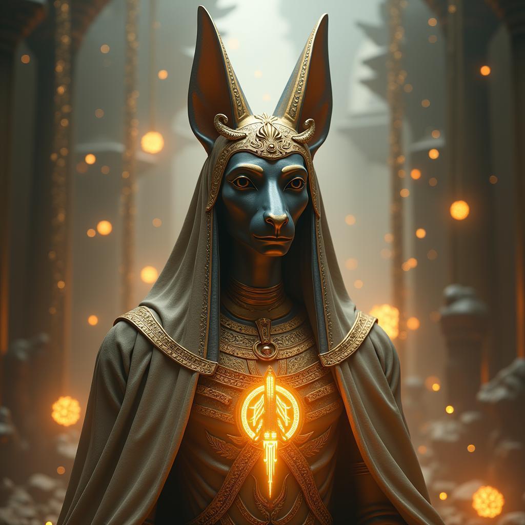Anubis Statue Crowned in Gold and Runes