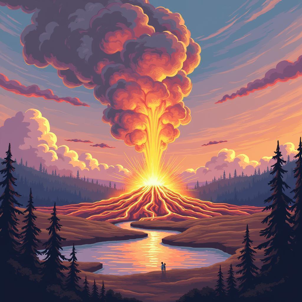 Old Faithful Erupting in Vibrant Pixel Art