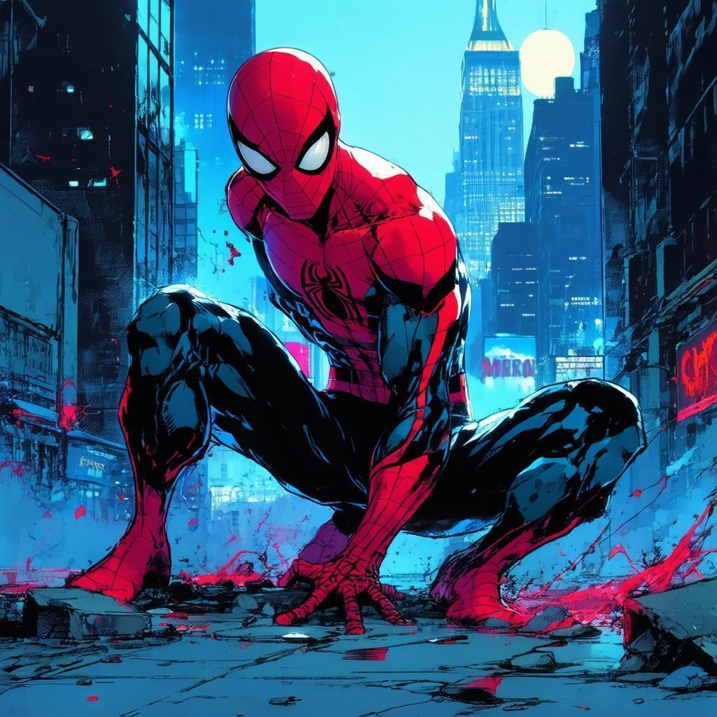 Gritty Anime Spider Man in Dystopian City