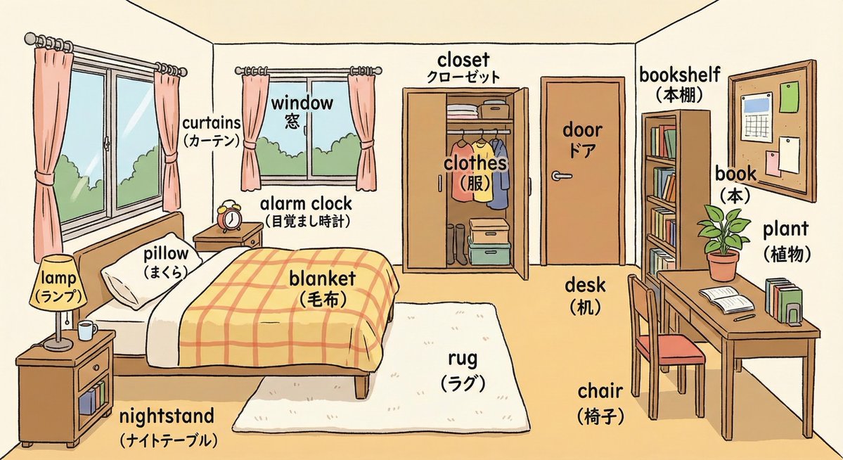 Bedroom Illustration Bilingual Labels