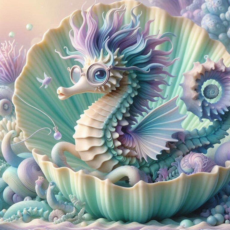 Playful Seahorse on Clam in Sea
