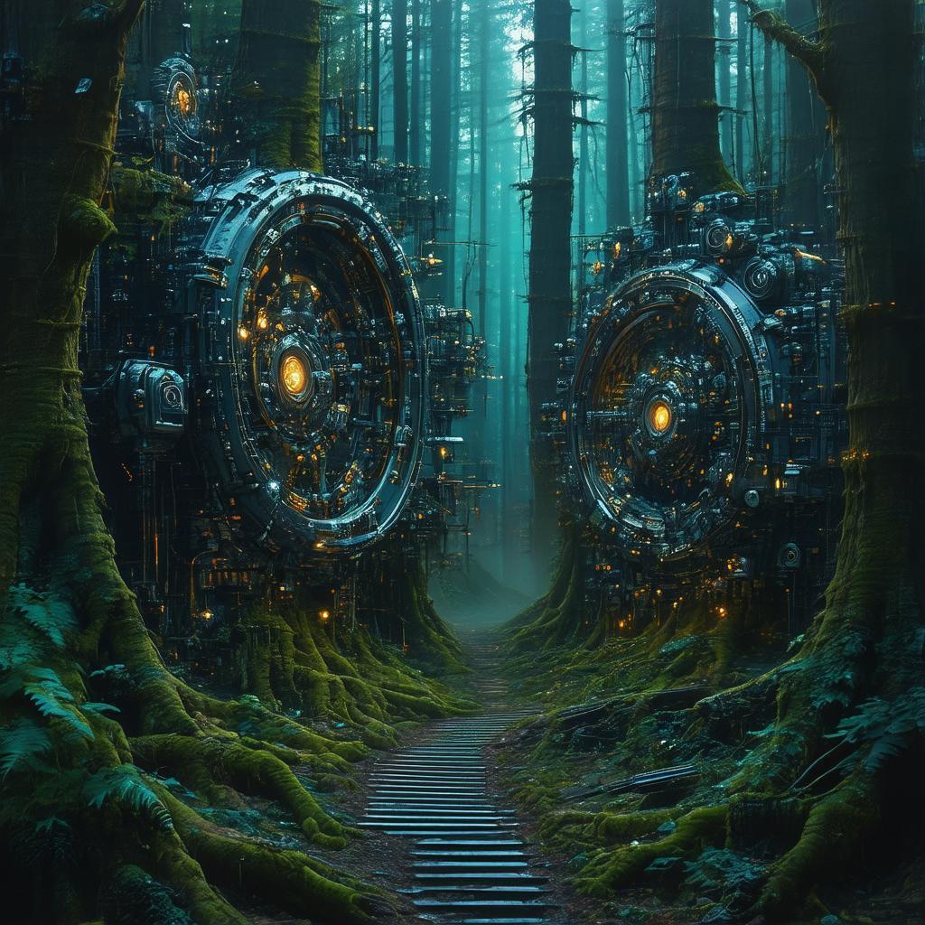 Cinematic Forest Entwined With Gears and Circuits