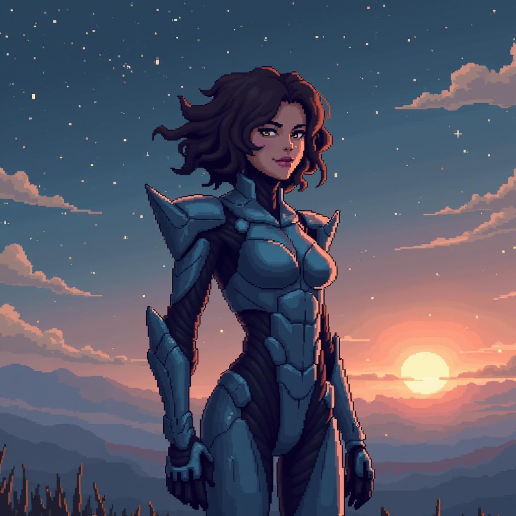 Pixel Warrior Woman Beneath a Starry Sky