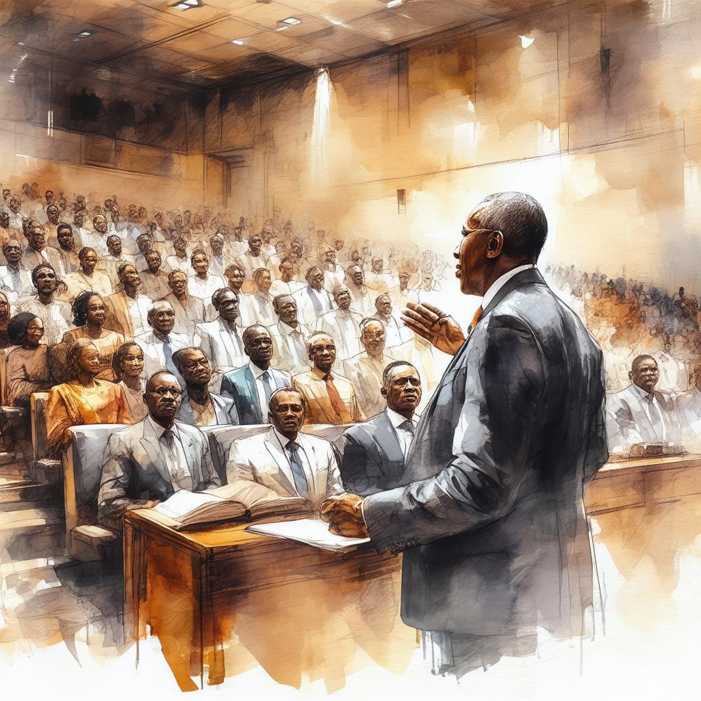 Ghana's President Addressing Hall in Ink Wash