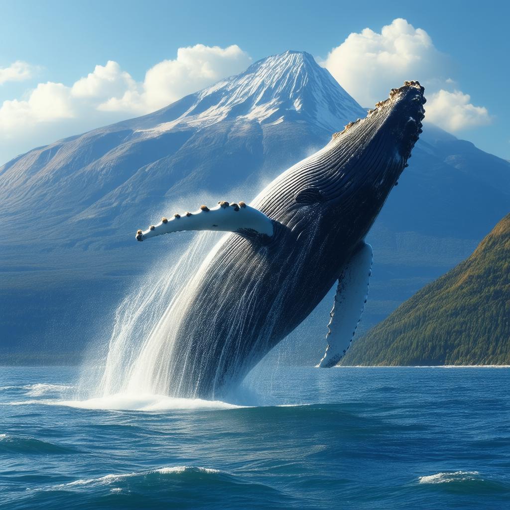 3D Whale Breaching Beside a Mountain