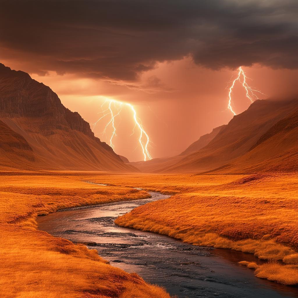 Orange Mountains and Lightning Over Winding River