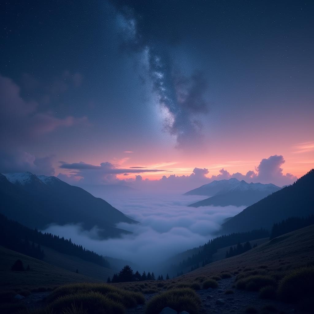 Grainy Starry Mountains in Misty Serenity