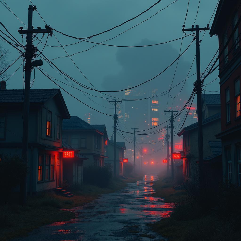 Corrupted Countryside Beneath Eerie Neon Cityscape