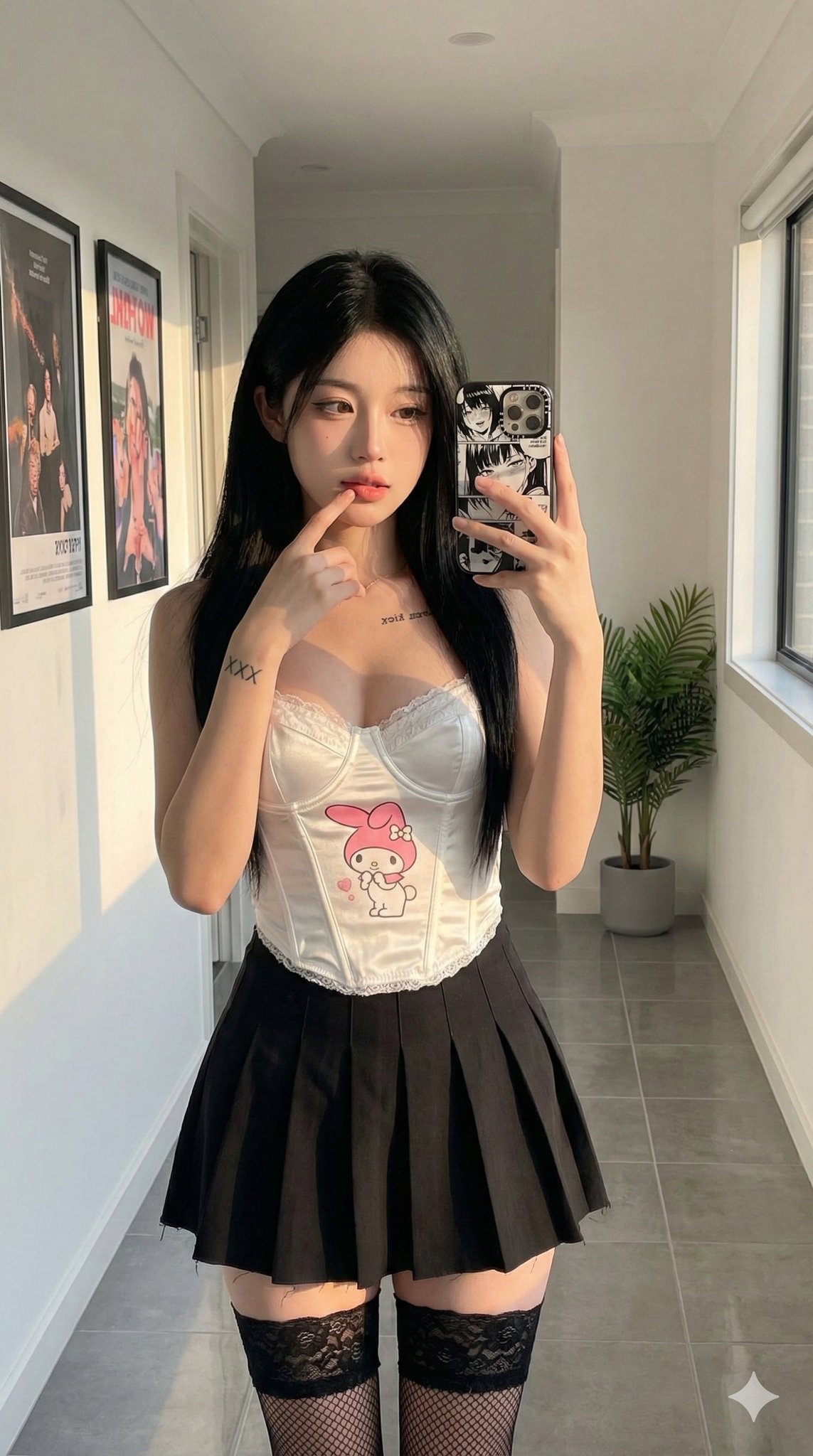Sunlit Corridor Mirror Selfie with Anime Style