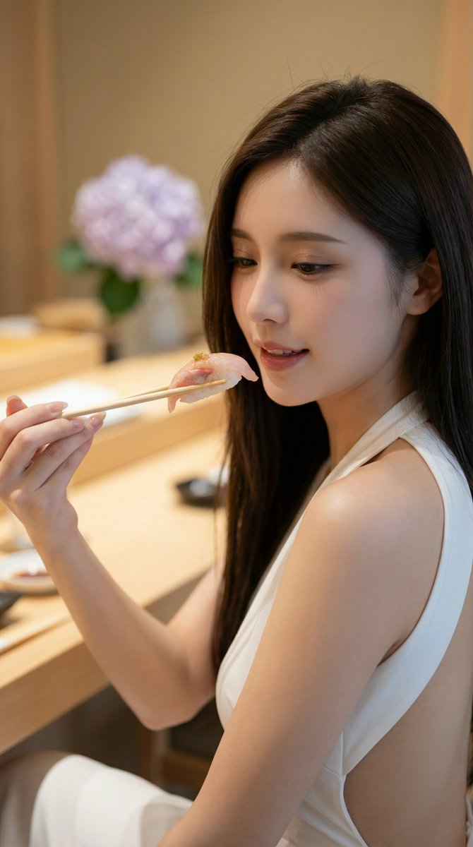 Elegant Woman Dining at Japanese Bar