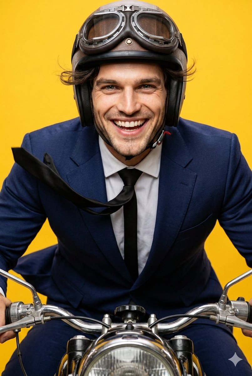 Suited Rider Joyful Motorcycle Ride