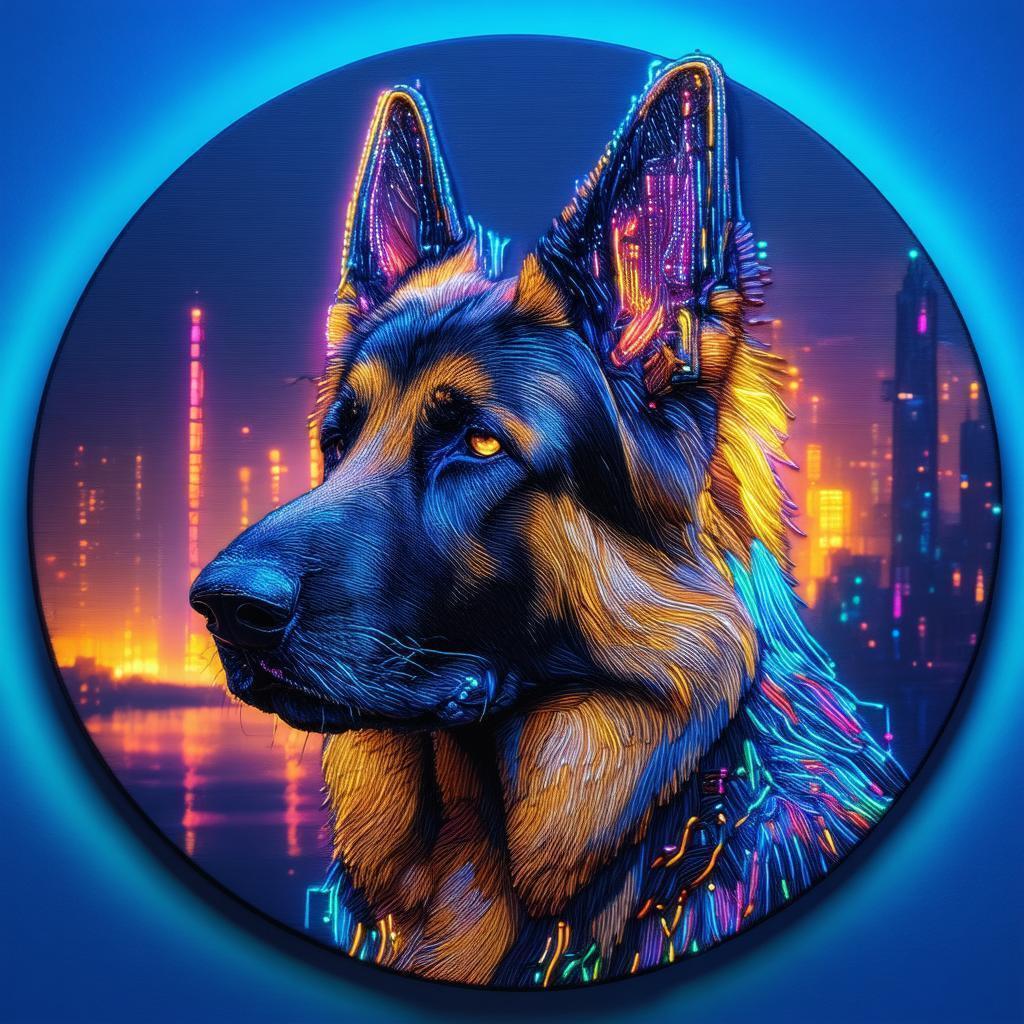 Embroidered Neon German Shepherd in Golden Light