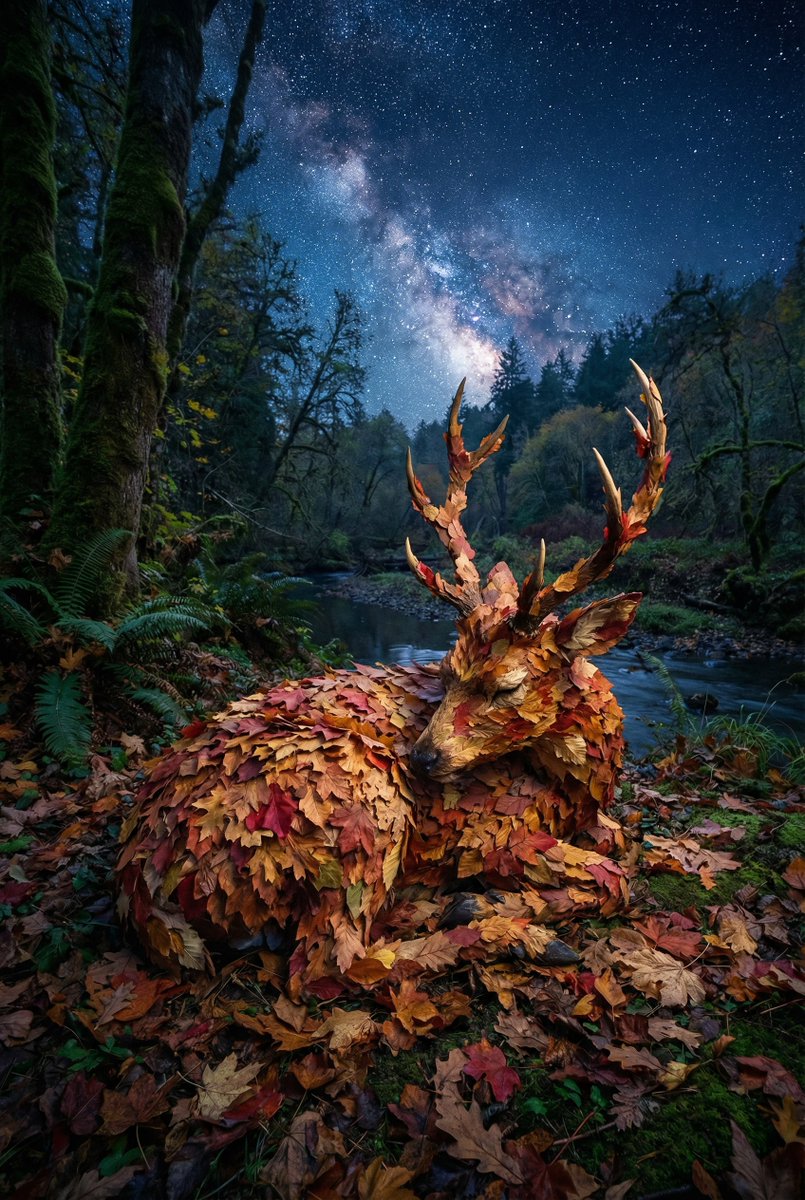 Leaf Deer Sleeps Under Starry Night
