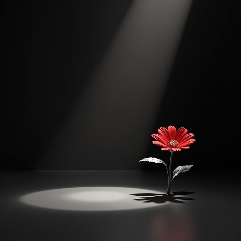 Red Flower Blooming in Monochrome 3D Scene