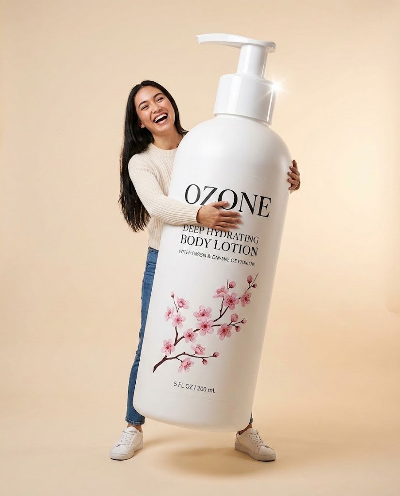 Joyful Woman Hugging Giant Lotion Bottle