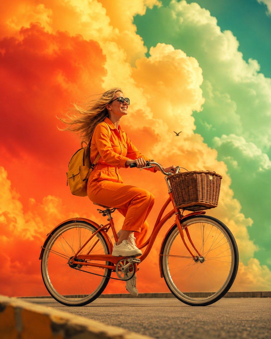 Surreal Vintage Bike Ride Under Colorful Clouds