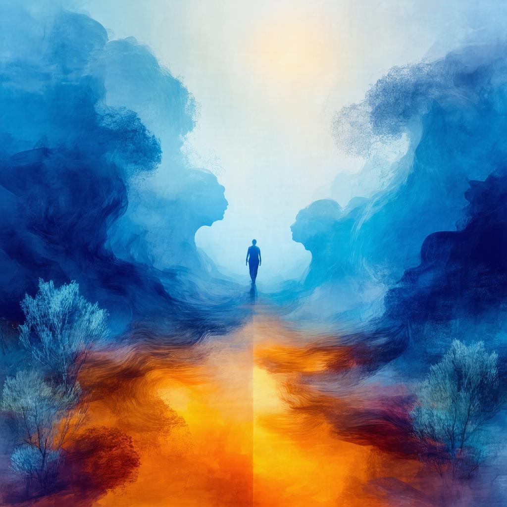 Silhouette Amid Swirling Blue and Orange Currents
