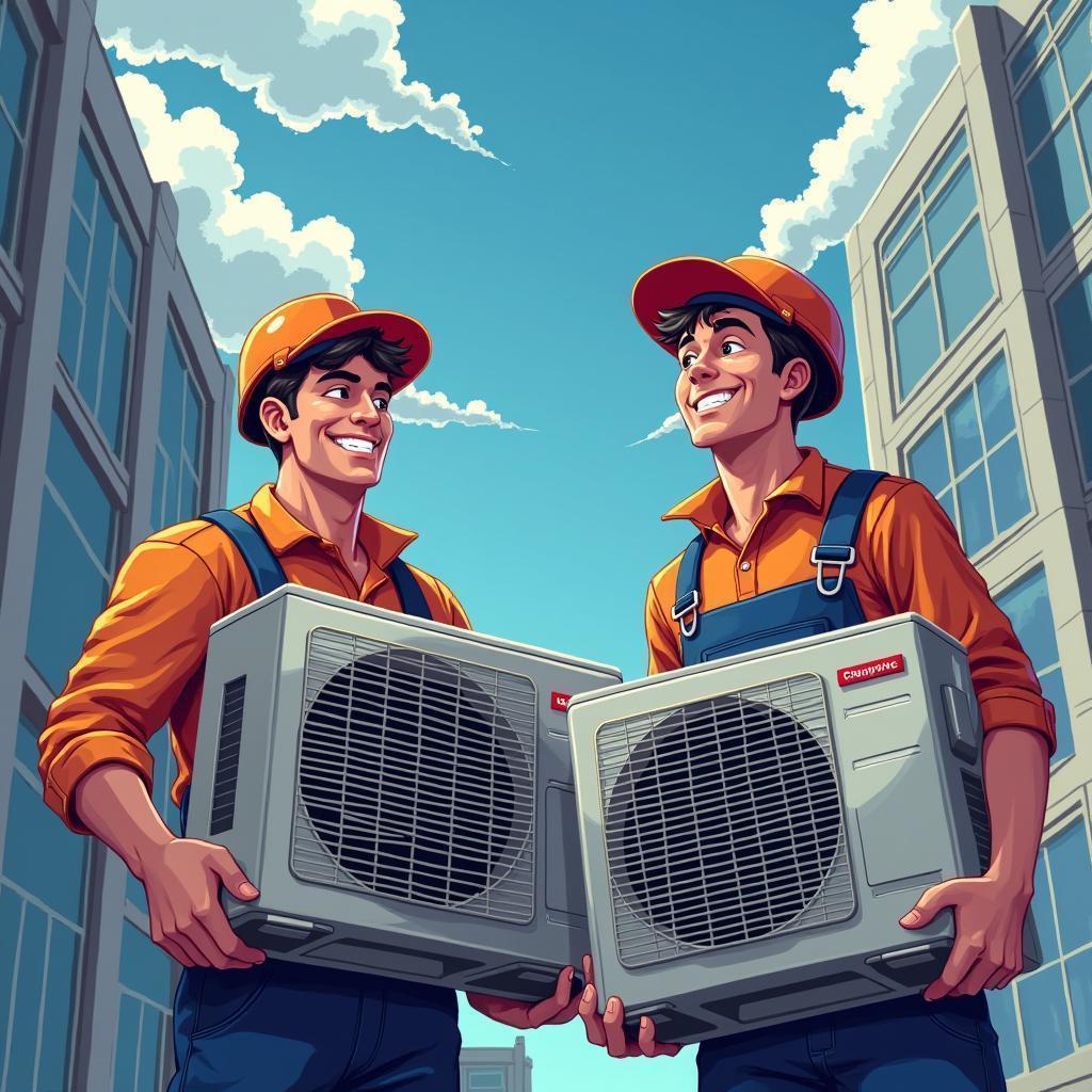 Smiling Pixel Electricians at a Glass Building