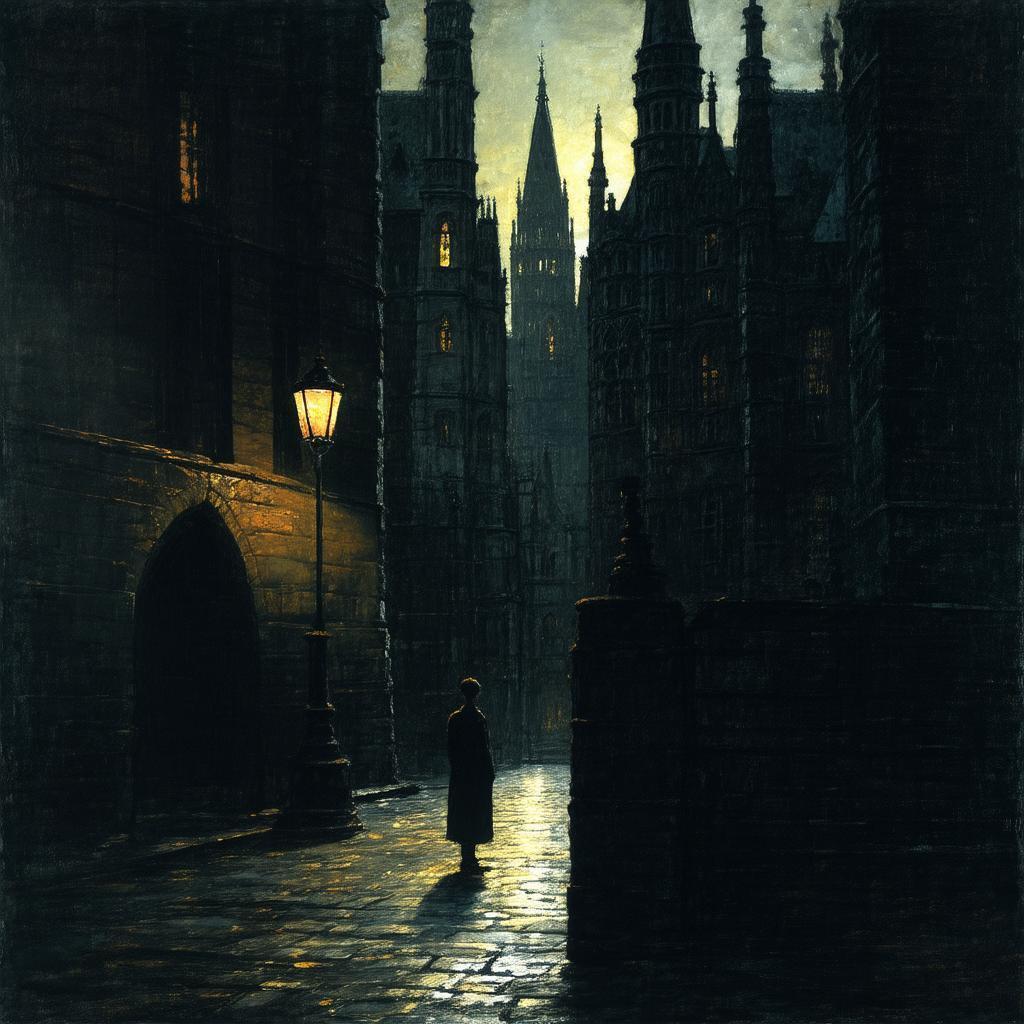 Shadowed Figure Beneath Gothic Lamplit Towers