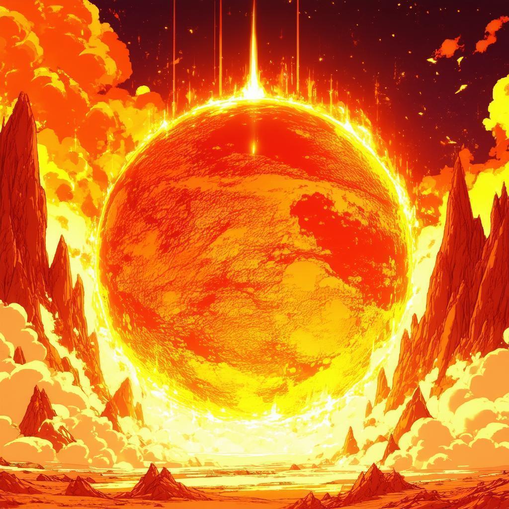 Fiery Anime Planet Glowing Over Jagged Peaks