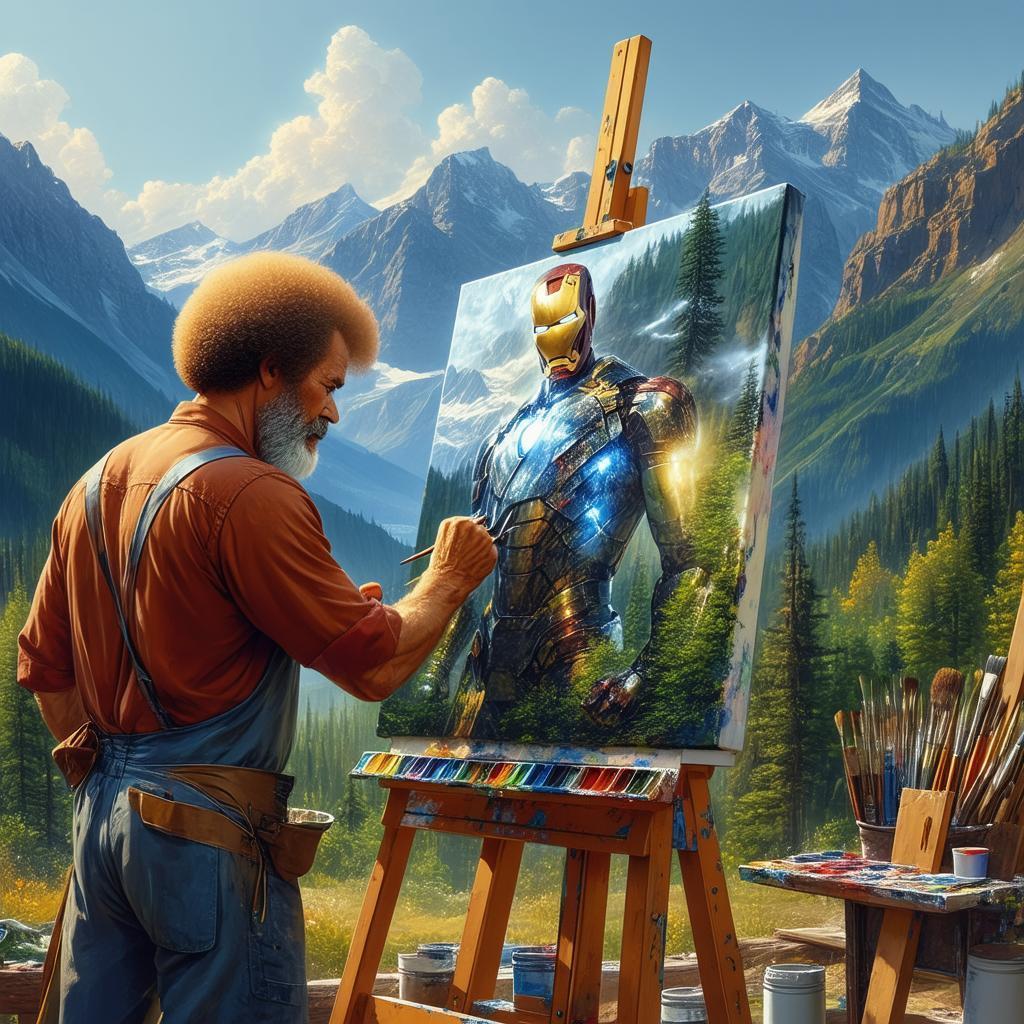 Bob Ross Painting Iron Man Among Mountains