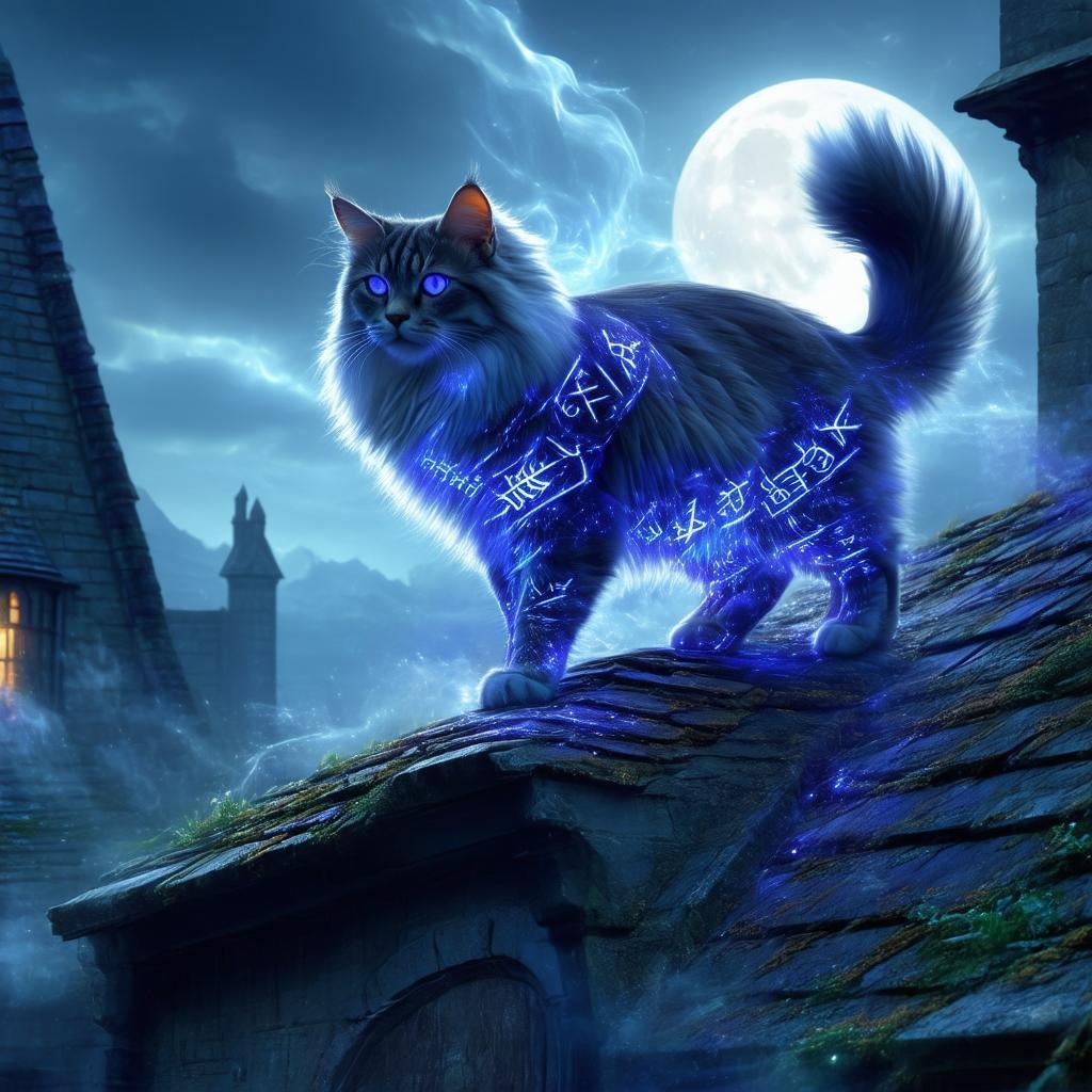 Rune Marked Longhair Cat on Misty Rooftop